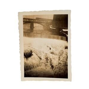 Vtg B&W Photo Found 1940 Spokane Washington Bridge Rushing Waterfall Snapshot